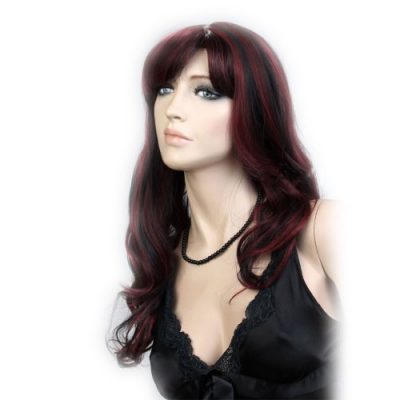 CoolLong-Black-And-Red-Secondary-Colors-Curly-Big-Waves-Full-fringe-bangs-hairstyleWith-Black-Highlights-soft-layered-flowing-curls-Hair-Style-Women-Wig-0