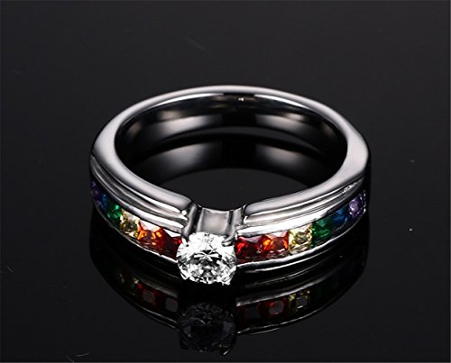 Titanium steel Lesbian/Gay Wedding/Engagement Band-Rainbow Nick w/Crystal ring 