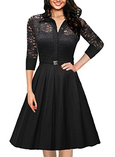 OWIN-Womens-Vintage-1950s-Style-34-Sleeve-Black-Lace-Flare-A-line-Dress-0-0