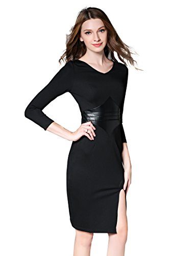 Women-34-sleeves-V-neck-Splicing-Faux-Leather-Bodycon-Knee-length-Pencil-Dress-0