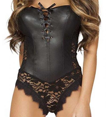 Sexy Black Faux Leather Bodysuit with Lace-up Front and Trim by Musotica