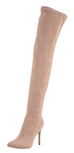 Womens-Thigh-High-Stretch-Boots-Side-Zipper-Pointy-Toe-Stiletto-Heel-Over-the-Knee-Boot-Nude-Velveteen-Size-35-EU34-0