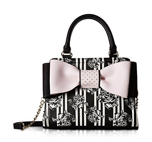 Betsey-Johnson-Womens-Studded-Bow-Satchel-Black-Floral-Handbag-0