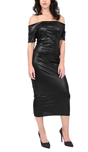 FF-Womens-Ladies-Black-Off-Shoulder-Wetlook-PVC-Shiny-Midi-Bodycon-Dress-0