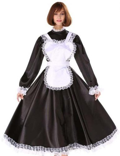 Gocebaby Sissy Girl Maid Crossdresser Lockable Medium Length Satin Dress Uniform