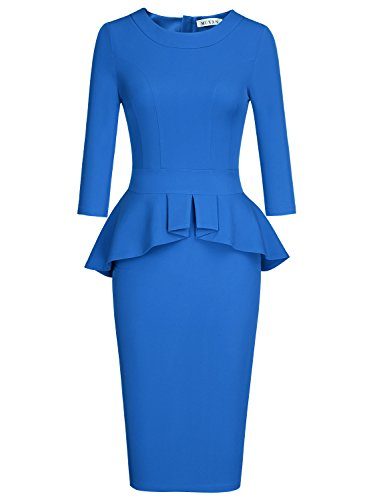 MUXXN-Womens-Cute-Scoop-Collar-Drape-Waist-Midi-Formal-Office-Dress-Color-Blue-S-0