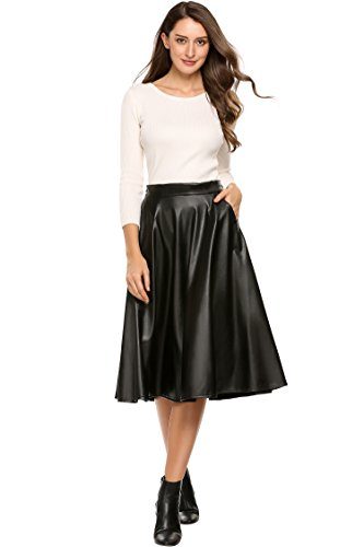 Zeagoo-Womens-Leather-Pleated-Skirt-Elastic-Waist-Midi-PU-Skirts-With-Pockets-0-0