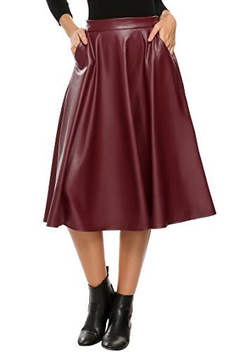 Zeagoo-Womens-Side-Pockets-Leather-A-Line-Pleated-Skirt-Elastic-Waist-Skirts-Wine-Red-XL-0