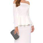 Womens Elegant Off The Shoulder Long Sleeve Peplum Bodycon Pencil Dress White