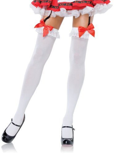 Leg-Avenue-Womens-Opaque-Thigh-High-Stockings-With-Chiffon-Ruffle-And-Satin-Bow-WhiteRed-One-Size-0