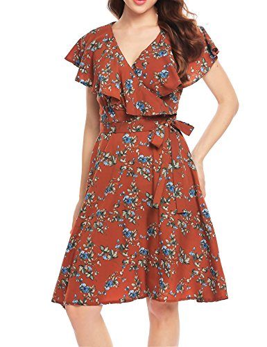 Ruffle Floral Belted Wrap Flare Dress ...