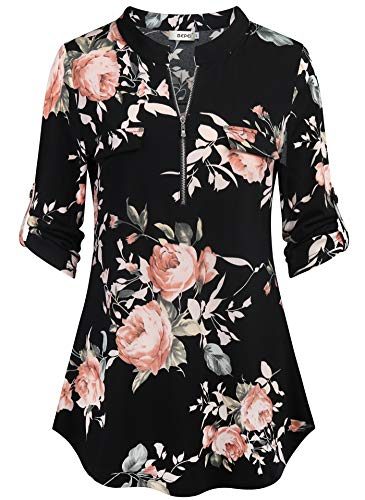 BEPEI-Floral-Tunics-for-Women34-Sleeve-V-Neckline-Tops-High-Neck-Dinner-Blouses-Teenage-Girls-Flower-Printing-Go-Out-Walking-Shirt-Size-6-Black-Pink-M-0