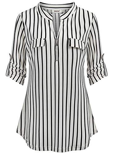 BEPEI-Striped-Shirt-for-WomenFeminie-Form-Fitting-Cozy-Tunics-Mandarin-Collar-Fall-Trend-Tops-Elbow-Sleeve-Blouses-Work-Attire-Aesthetic-Prime-Wardrobe-Clothing-Polo-Style-Jersey-Black-White-M-0