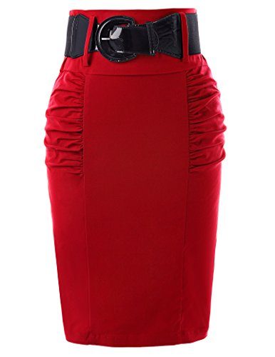 Women-Pleated-Knee-Length-Pencil-Skirts-Red-Office-Skirts-S-KK271-3-0