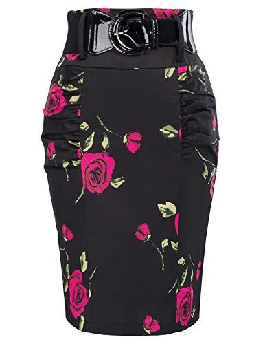 Womens-Stretchy-Floral-Bodycon-Pencil-Skirt-with-Belt-Size-S-KK610-7-0