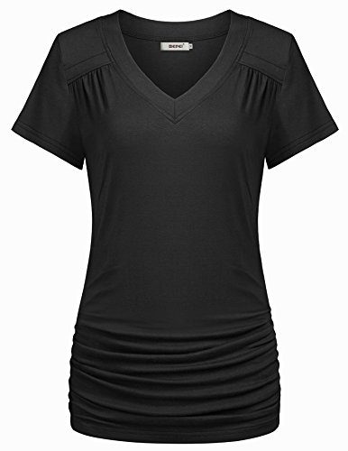 BEPEI-Womens-Short-Sleeves-Shirred-Side-Casual-Tops-Summer-V-Neck-Knitted-Shirts-Loose-Fitting-Comfy-Blouses-0