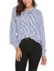 Casual-Button-Down-Shirt-Bow-Tie-Neck-Ladies-Chiffon-Patchwork-Office-Shirt-Tops-S-Strip-0