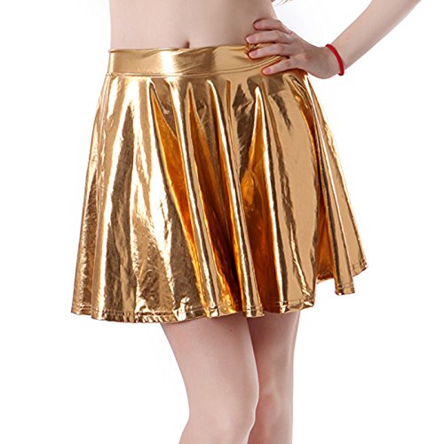 HDE-Womens-Shiny-Liquid-Metallic-Wet-Look-Flared-Pleated-Skater-Skirt-Gold-Small-0
