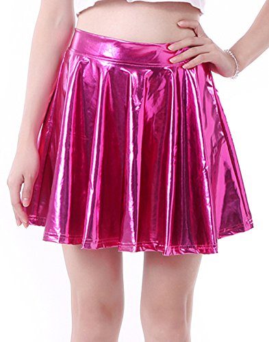 HDE-Womens-Solid-Color-Metallic-Flared-Pleated-Club-Skater-Skirt-Hot-Pink-Small-0