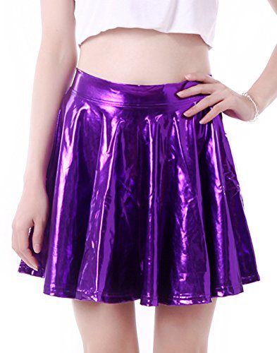HDE-Womens-Solid-Color-Metallic-Flared-Pleated-Club-Skater-Skirt-Purple-Small-0