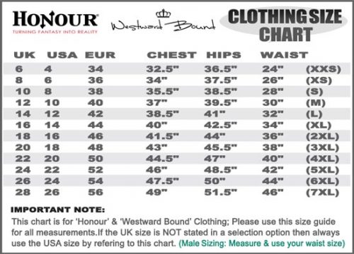 Honour and Westward Bound Clothing Size Guide