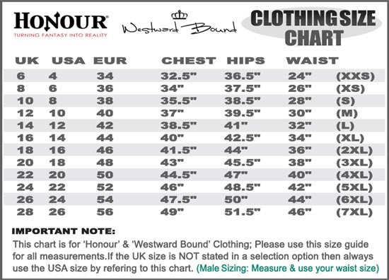 Westward Bound Clothing Size Guide