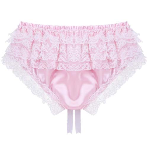 Sissy Husband Panties Silky Shiny Satin Ruffled Thong Briefs Pink Back