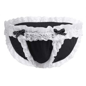Sissy Maid Panties Frilly Lace Low Rise Men's Bikini Briefs Black Front