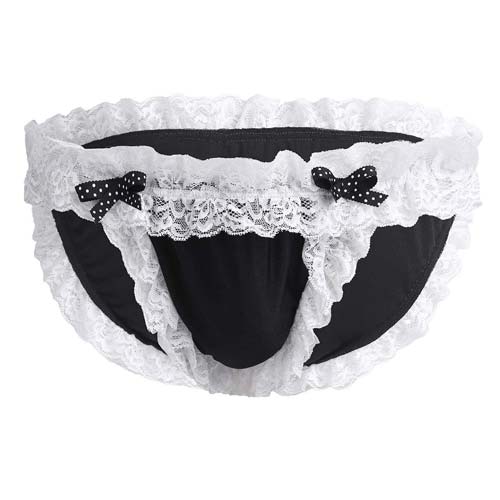 Sissy Maid Panties Frilly Lace Low Rise Men’s Bikini Briefs Black Front