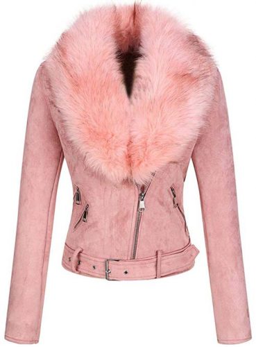Women’s Faux Suede Short Detachable Faux Fur Collar Moto Jacket