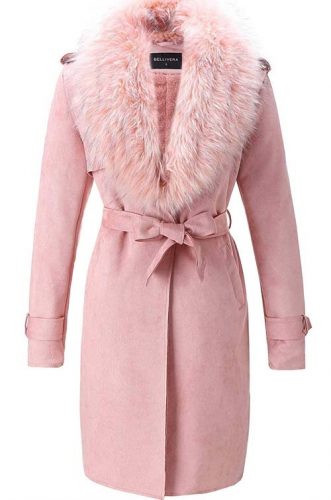 Women’s Winter Faux Suede Detachable Faux Fur Collar Long Jacket