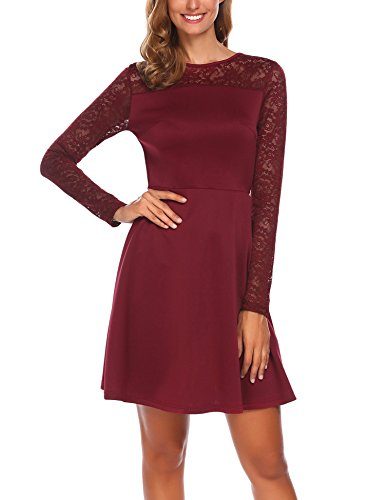 Zeagoo-Women-Lace-Patchwork-Swing-Party-Cocktail-A-Line-Dress-Wine-red-S-0