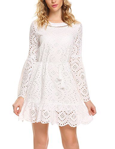 Zeagoo-Womens-Bell-Sleeve-Eyelet-Fit-and-Flare-Solid-Mini-Crochet-Lace-Dress-with-String-Belted-0