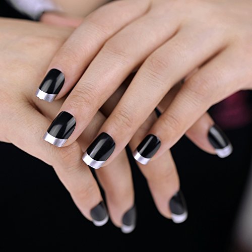 Bling Art False Nails French Manicure Black Silver Full Cov