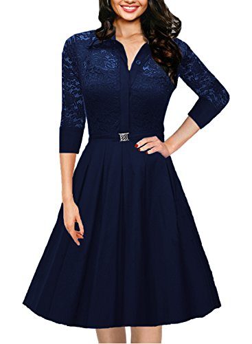 Vintage 1950s Style ¾ Sleeve Black Lace Flare A-line Dress | Crossdress ...