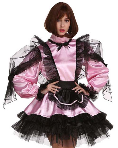 Sissy girl maid frilly purple lockable dress crossdressing cosplay costume