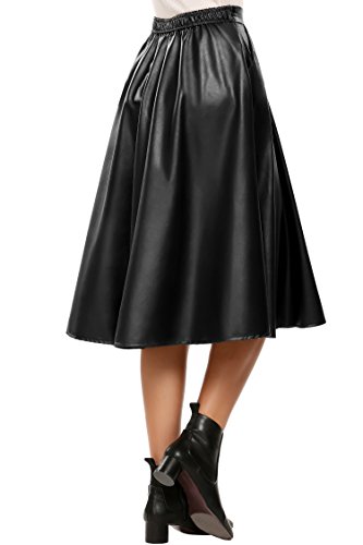 Faux Leather Pleated Elastic Waist Midi PU Crossdressing Skirt (3 ...