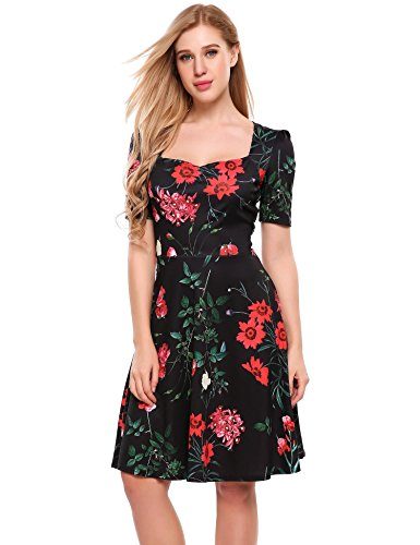 Women Short Sleeve Casual Pleated Skater Flared Midi Party Dress (5 ...