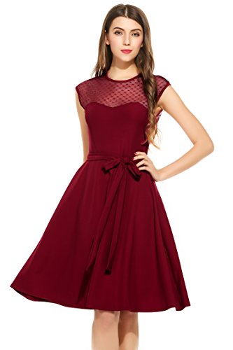 A-Line Mesh Sleeveless Pleated Empire Waist Party Dress with Belt (4 ...