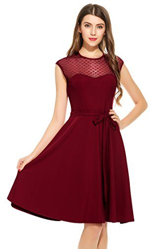 A-Line Mesh Sleeveless Pleated Empire Waist Party Dress with Belt (2 ...