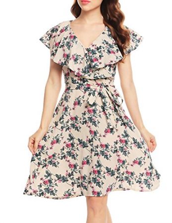 Womens Short Sleeve A-Line Ruffle Floral Belted Wrap Flare Dress (3 ...