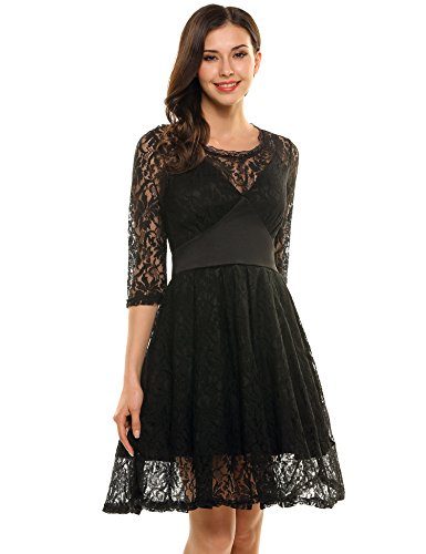 Womens 3/4 Flare Sleeve Floral Lace A-line Cocktail Party Dress (8 ...