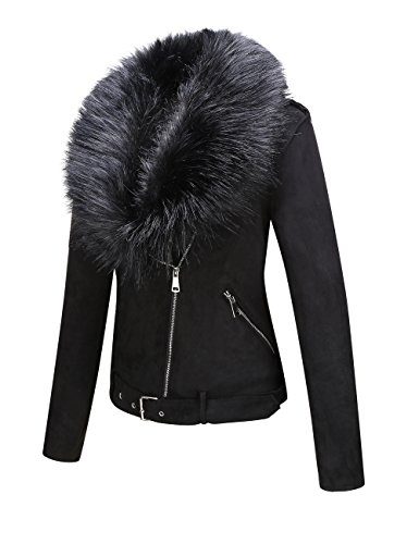Women’s Faux Suede Short Detachable Faux Fur Collar Moto Jacket (5 ...