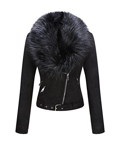 Women’s Faux Suede Short Detachable Faux Fur Collar Moto Jacket (5 ...