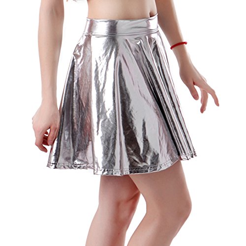 HDE Women’s Shiny Liquid Metallic Wet Look Flared Pleated Skater Skirt ...